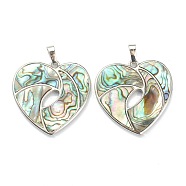 Natural Paua Shell Pendants, with Platinum Plated Brass Findings, Heart, 34.5x35x2.5~3mm, Hole: 8x5mm(SSHEL-L019-09C-P)