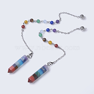 Chakra Jewelry, Natural Gemstone Pointed Dowsing Pendulums, with Brass Chains, Bullet, Platinum, 240~265mm, Hole: 1.6mm, Pendant: 11x45mm(G-K272-C01)