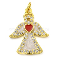 Brass Enamel Pendants with Jump Rings and Cubic Zirconia, Angle Charm, Real 18K Gold Plated, 24x19.5x3mm, Hole: 1.2mm(KK-D534-07G)