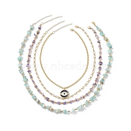 4Pcs 4 Style Cubic Zirconia Horse Eye Pendant Necklaces Set, Natural Amethyst & Amazonite  Necklaces with Brass Chains for Women, Golden, 14.57~22.44 inch(37~57cm), 1Pc/style(NJEW-JN04050)