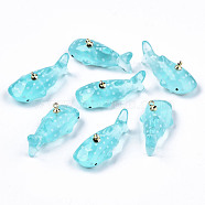 Transparent Epoxy Resin Pendants, with Golden Tone Metal Finding, Whale Shape, Pale Turquoise, 28x13~14x12mm, Hole: 1.4mm(X-KY-S163-135)