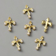 Alloy Rhinestone Cabochons, with ABS Plastic Imitation Pearl Beads, Nail Art Decoration Accessories, Cross, Golden, 14.5x10x3.5mm(MRMJ-WH0070-64G)