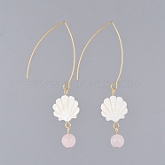 Shell Dangle Earrings, with Natural Rose Quartz Beads, Freshwater Shell Beads and 304 Stainless Steel Earring Hooks, Golden, 75mm, pin: 0.7mm(EJEW-JE03757-06)