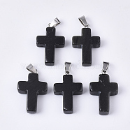 Natural Black Agate Pendants, with Stainless Steel Peg Bails, Cross, Stainless Steel Color, 28~30x18x6mm, Hole: 7x3.5mm(G-S358-002G)