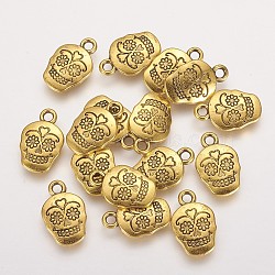 Mexico Holiday Day of the Dead Sugar Skull Tibetan Style Alloy Metal Pendants, For Mexico Holiday Day of the Dead, Lead Free & Cadmium Free & Nickel Free, Antique Golden, 18x12x3mm, Hole: 2mm(X-TIBEP-21061-AG-FF)