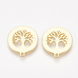 Brass Pendants, Flat Round with Tree, Nickel Free, Real 18K Gold Plated, 18x16x1mm, Hole: 1mm(KK-S350-192)