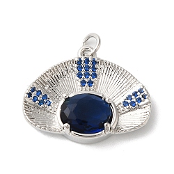 Rack Plating Brass Micro Pave Cubic Zirconia Pendants, with Glass crystal, Long-Lasting Plated, Lead Free & Cadmium Free, Fan, with Jump Ring, Prussian Blue, 17.5x22.5x5mm, Hole: 3mm(KK-U022-14P)