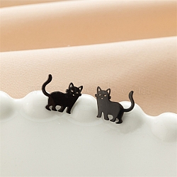 Stainless Steel Cat Shape Stud Earrings, Black, 10x12mm(PW-WGC97C2-04)