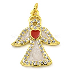 Brass Enamel Pendants with Jump Rings and Cubic Zirconia, Angle Charm, Real 18K Gold Plated, 24x19.5x3mm, Hole: 1.2mm(KK-D534-07G)