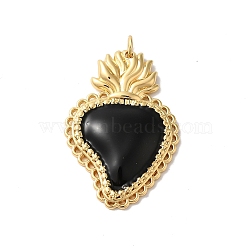 Rack Plating Brass Enamel Pendants, with Jump Ring, Cadmium Free & Lead Free, Long-Lasting Plated, Real 18K Gold Plated, Sacred Heart Charm, Black, 34x23x3.5mm, Hole: 3.5mm(KK-G504-25B-04)