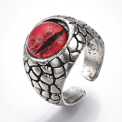 Alloy Glass Cuff Finger Rings, Wide Band Rings, Dragon Eye, Antique Silver, Red, Size 9, 19mm(RJEW-T006-04C)