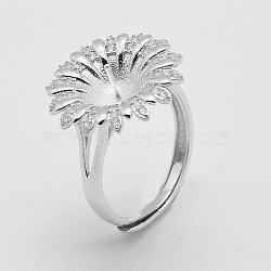 Adjustable 925 Sterling Silver Ring Components, For Half Drilled Beads, with Cubic Zirconia, Flower, Size 7, Platinum, Tray: 8mm, 17mm, pin: 0.5mm(STER-K038-042P)