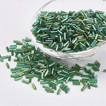 Glass Bugle Beads, Transparent Colours Rainbow, Lime Green, 9x2mm, Hole: 0.5mm, about 7000pcs/bag