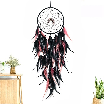 Gothic Style Iron Woven Web/Net with Feather Pendant Decorations, with Mixed Crystal Beads, Covered Wax Cord, Flat Round, 740x170mm