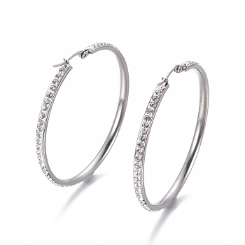 304 Stainless Steel Big Hoop Earrings, with Polymer Clay Rhinestone, Crystal, Stainless Steel Color, 55.5x54x3mm, Pin: 0.7x1mm
