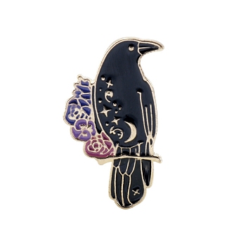 Raven Flower Enamel Pins, Golden Alloy Brooch, Gothic Style Jewelry Gift, Black, 35x21mm