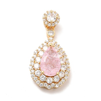 Brass Micro Pave Clear Cubic Zirconia Pendants, with Faceted Glass, Teardrop, Real 18K Gold Plated, Pink, 32.5mm, Hole: 3.5x2.5mm