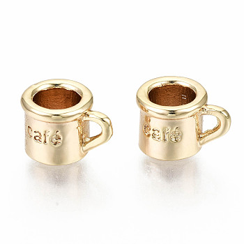 Brass Charms, Nickel Free, Cup with Cafe, Real 18K Gold Plated, 6.5x10x7mm, Hole: 1x2mm