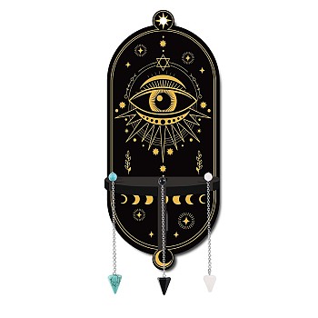 DIY Oval Poplar Wood Wall Display Stand Decorations, with Natural Black Stone & Synthetic Turquoise & Glass Dowsing Pendulum Pendants and Iron Screw, Eye Pattern