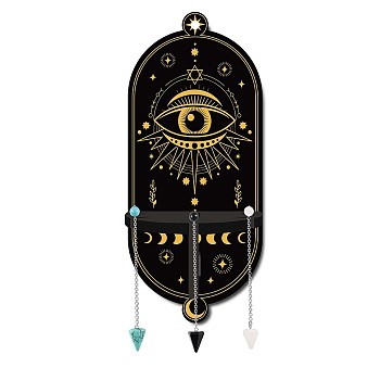 CREATCABIN DIY Oval Poplar Wood Wall Display Stand Decorations, with Natural Black Stone & Synthetic Turquoise & Glass Dowsing Pendulum Pendants and Iron Screw, Eye Pattern