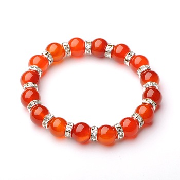 Natural Carnelian(Dyed & Heated) Stretch Bracelets, with Silver Color Plated Brass Middle East Rhinestone Beads, 54mm