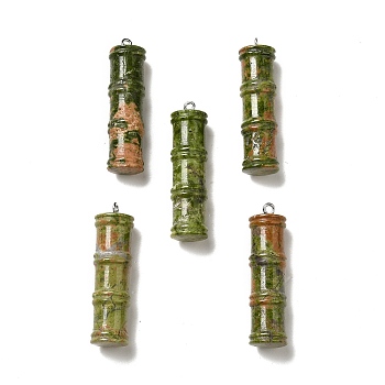 Natural Unakite Pendants, Bamboo Stick Charms, with Stainless Steel Color Tone 304 Stainless Steel Loops, 45x12.5mm, Hole: 2mm