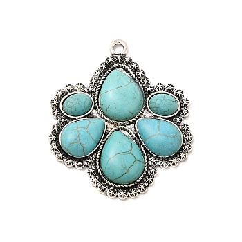 Retro Alloy Pendants, with Synthetic Turquoise, Flower Charms, Antique Silver, 47.5x40x5.5mm, Hole: 2.5mm