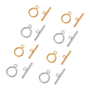 304 Stainless Steel Ring Toggle Clasps, Ring, Golden & Stainless Steel Color,  Ring: 19x14x2mm, Hole: 3mm, Bar: 24.5x7x2.5mmm, Hole: 3mm, 2 colors, 4sets/color, 8sets/box