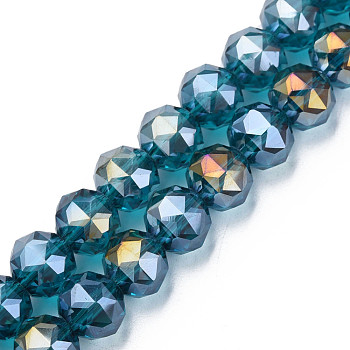 Electroplate Transparent Glass Beads Strands, Half Plated, Faceted, Round, Dark Cyan, 10x8.5mm, Hole: 1.2mm, about 60pcs/strand, 20.47 inch(52cm)