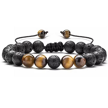 Adjustable Handstring Round Natural Tiger Eye & Lava Rock Yoga Braided Bead Bracelets for Women Men