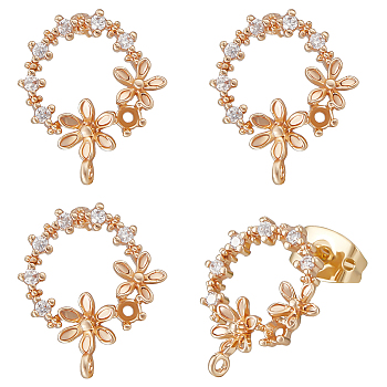 10Pcs Brass Micro Pave Clear Cubic Zirconia Flower Wreath Stud Earring Findings, with Vertical Loops & 10Pcs Friction Ear Nuts, Real 18K Gold Plated, 14x12mm, Hole: 0.8mm, Pin: 0.8mm