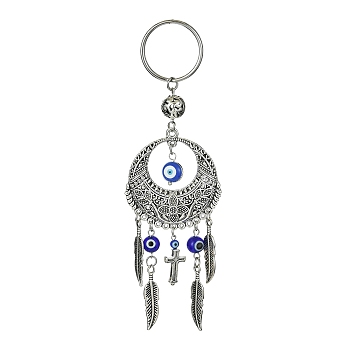 Handmade Lampwork Evil Eye Pendant Keychain, with 304 Stainless Steel Split Key Rings & Alloy Findings, Flat Round with Feather, Cross, 14cm