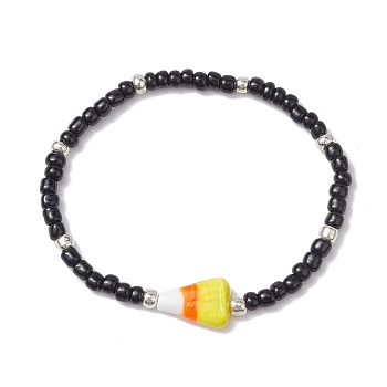 Halloween Candy Corn Acrylic & Glass Seed Beaded Stretch Bracelets Women, Black, Inner Diameter: 2 inch(5.2cm)