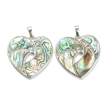 Natural Paua Shell Pendants, with Platinum Plated Brass Findings, Heart, 34.5x35x2.5~3mm, Hole: 8x5mm