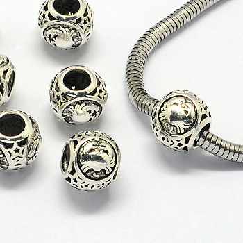 Alloy European Beads, Large Hole Rondelle Beads, with Constellation/Zodiac Sign, Antique Silver, Cancer, 10.5x9mm, Hole: 4.5mm