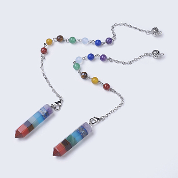 Chakra Jewelry, Natural Gemstone Pointed Dowsing Pendulums, with Brass Chains, Bullet, Platinum, 240~265mm, Hole: 1.6mm, Pendant: 11x45mm