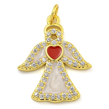 Brass Enamel Pendants with Jump Rings and Cubic Zirconia, Angle Charm, Real 18K Gold Plated, 24x19.5x3mm, Hole: 1.2mm