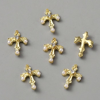 Alloy Rhinestone Cabochons, with ABS Plastic Imitation Pearl Beads, Nail Art Decoration Accessories, Cross, Golden, 14.5x10x3.5mm