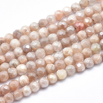 Electroplate Natural Sunstone Beads Strands, Faceted, Round, 4mm, Hole: 0.8mm, about 103pcs/strand, 15.7 inch