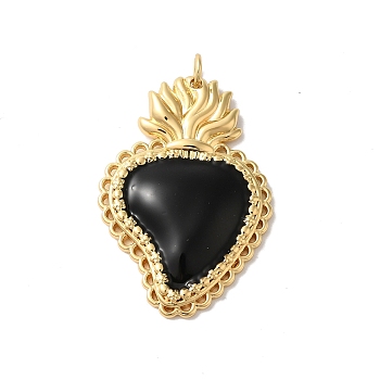 Rack Plating Brass Enamel Pendants, with Jump Ring, Cadmium Free & Lead Free, Long-Lasting Plated, Real 18K Gold Plated, Sacred Heart Charm, Black, 34x23x3.5mm, Hole: 3.5mm