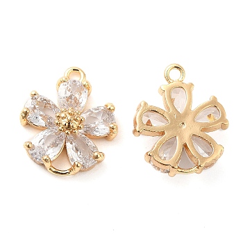 Brass Pave Clear Glass Connector Charms, Flower Links, Real 18K Gold Plated, 15.5x13x5mm, Hole: 1.4&2.5x2.5mm