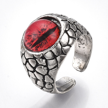 Alloy Glass Cuff Finger Rings, Wide Band Rings, Dragon Eye, Antique Silver, Red, Size 9, 19mm