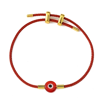 Lampwork Evil Eye & Brass Beaded Bangle, Stainless Steel Twist Rope Adjustable Bangles for Women, Red, Inner Diameter: 2~3-1/2 inch(5~9cm), 2mm