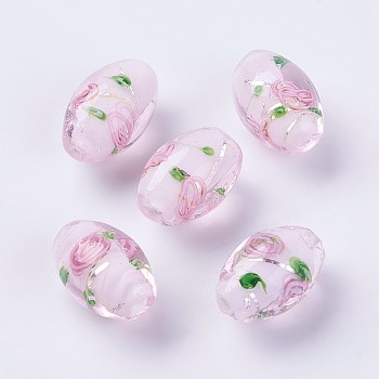 Handmade Silver Foil Lampwork Beads, Inner Flower, Rice, Pink, 16~17x11mm, Hole: 1.5mm
