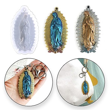 Religion Virgin of Mary DIY Pendant Silicone Molds, Resin Casting Molds, for UV Resin, Epoxy Resin Jewelry Making, White, 82x47x14mm, Hole: 3mm, Inner Diameter: 74x36.5mm