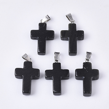 Natural Black Agate Pendants, with Stainless Steel Peg Bails, Cross, Stainless Steel Color, 28~30x18x6mm, Hole: 7x3.5mm