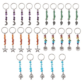 25Pcs 5 Style Natural & Synthetic Gemstone Keychain, with Alloy Pendants, Mix-shaped, 9~10cm, 5pcs/style