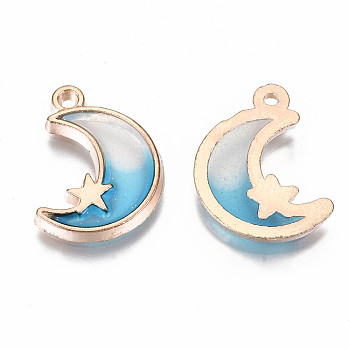 Epoxy Resin Pendants, with Golden Alloy Findings & Glitter Powder, Loops, Moon & Star, Cadmium Free & Lead Free, Light Sky Blue, 19.5x14x2mm, Hole: 1.4mm