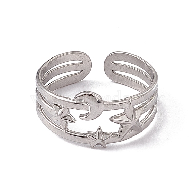 304 Stainless Steel Star & Moon Open Cuff Ring for Women(RJEW-C045-13P)-2