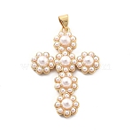 Rack Plating Brass with ABS Imitation Pearl, Long-Lasting Plated, Lead Free & Cadmium Free, Cross Charms, Real 18K Gold Plated, 36.5x25.5x5mm, Hole: 5x3mm(X-KK-Q017-13G)